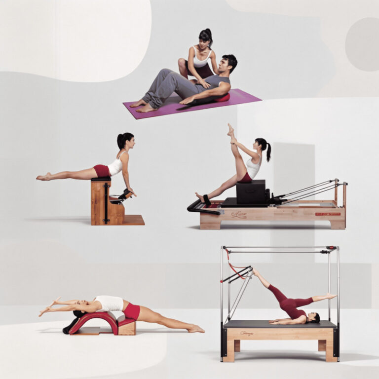 Corsi di Formazione 2 Collage di vari esercizi di pilates, mostrando diverse posizioni e attrezzature utilizzate nella pratica.